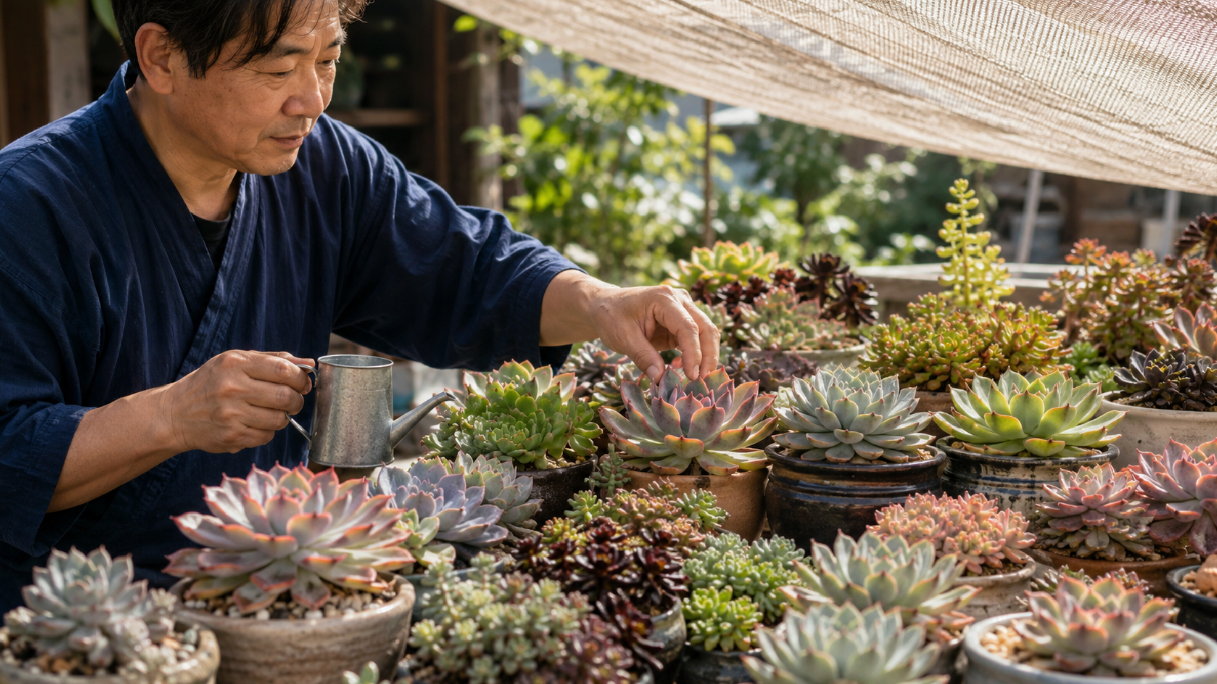 遮光した屋外で多肉植物を手入れする真夏の葉焼けと蒸れ対策