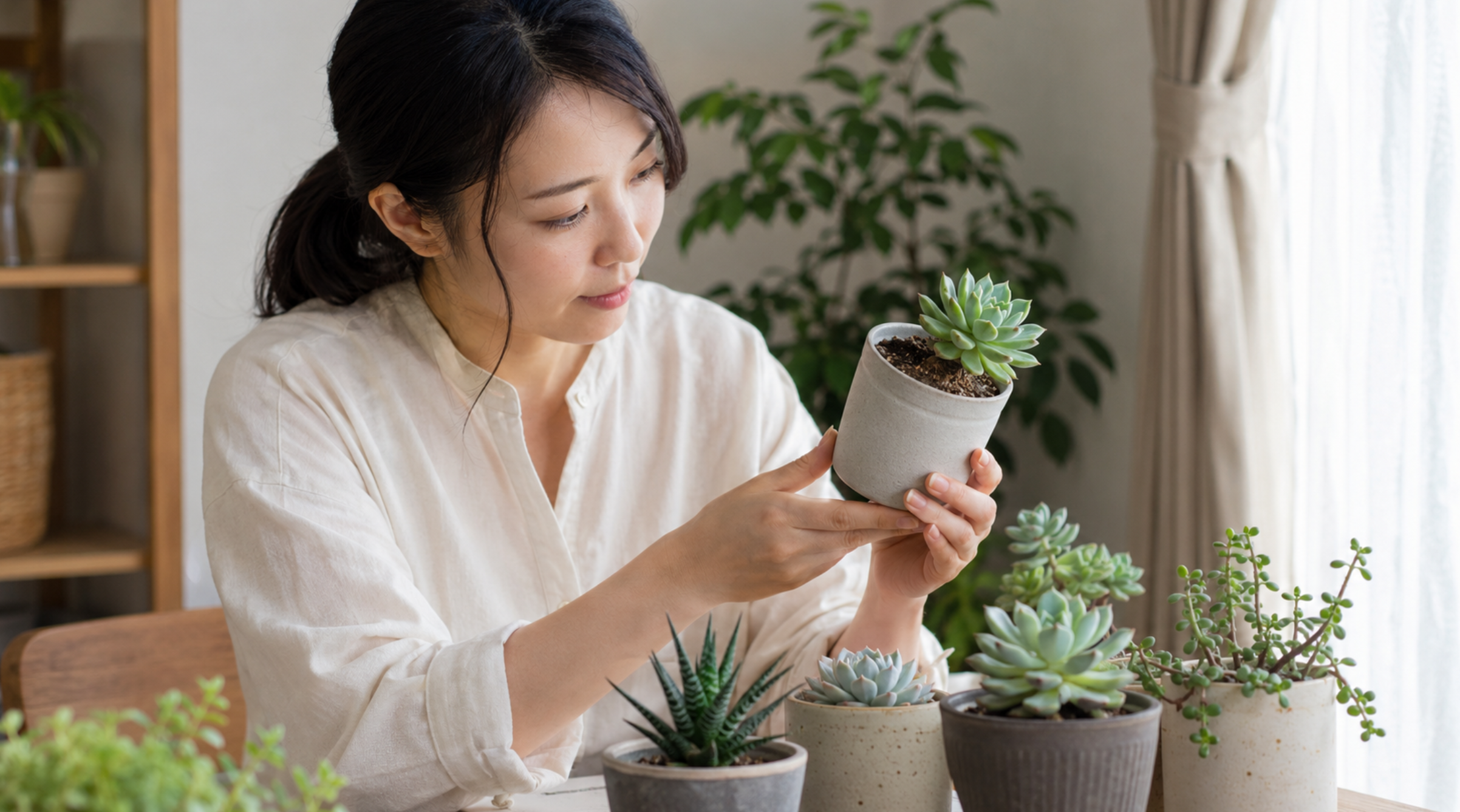 室内の多肉植物の鉢を持って水やり前の乾き具合を確認する女性