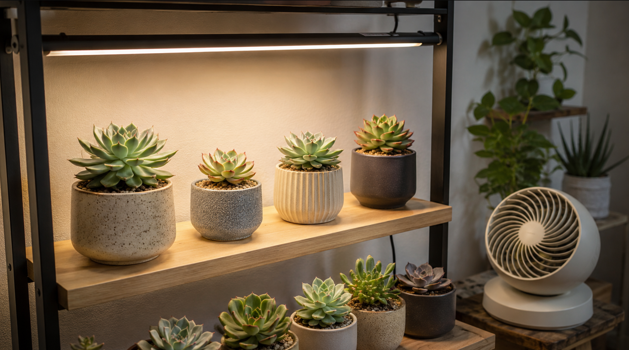 植物育成ライトとサーキュレーターを使って室内管理する多肉植物