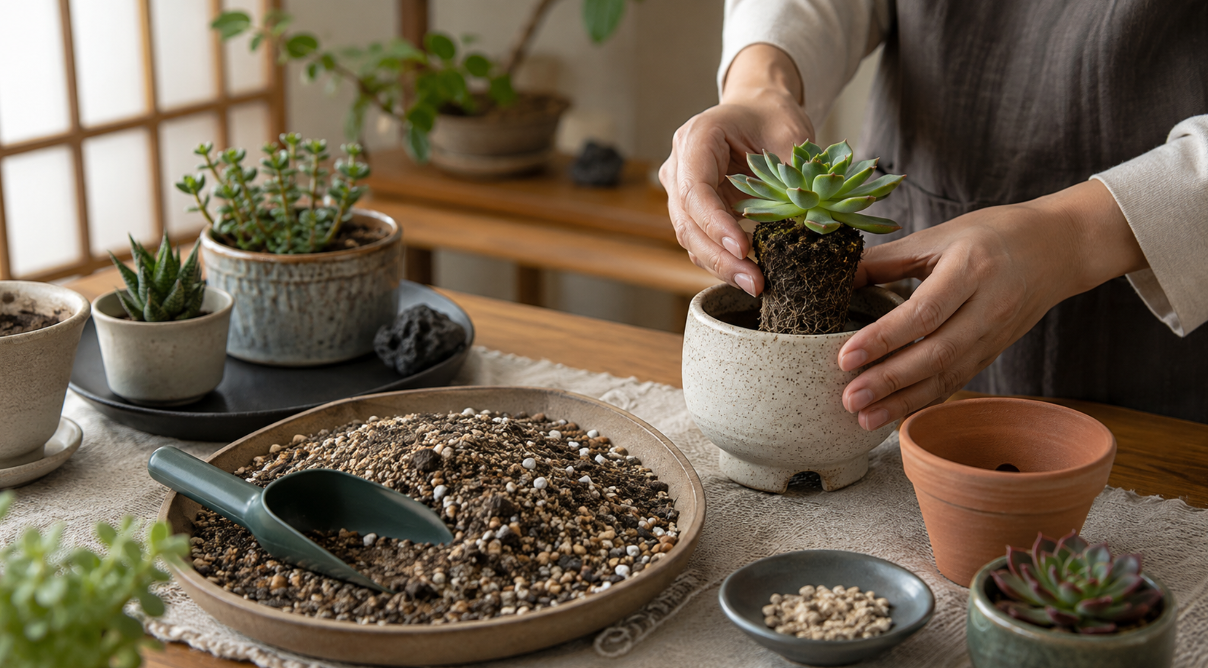 水はけのよい土と鉢を使って室内で多肉植物を植え替える様子