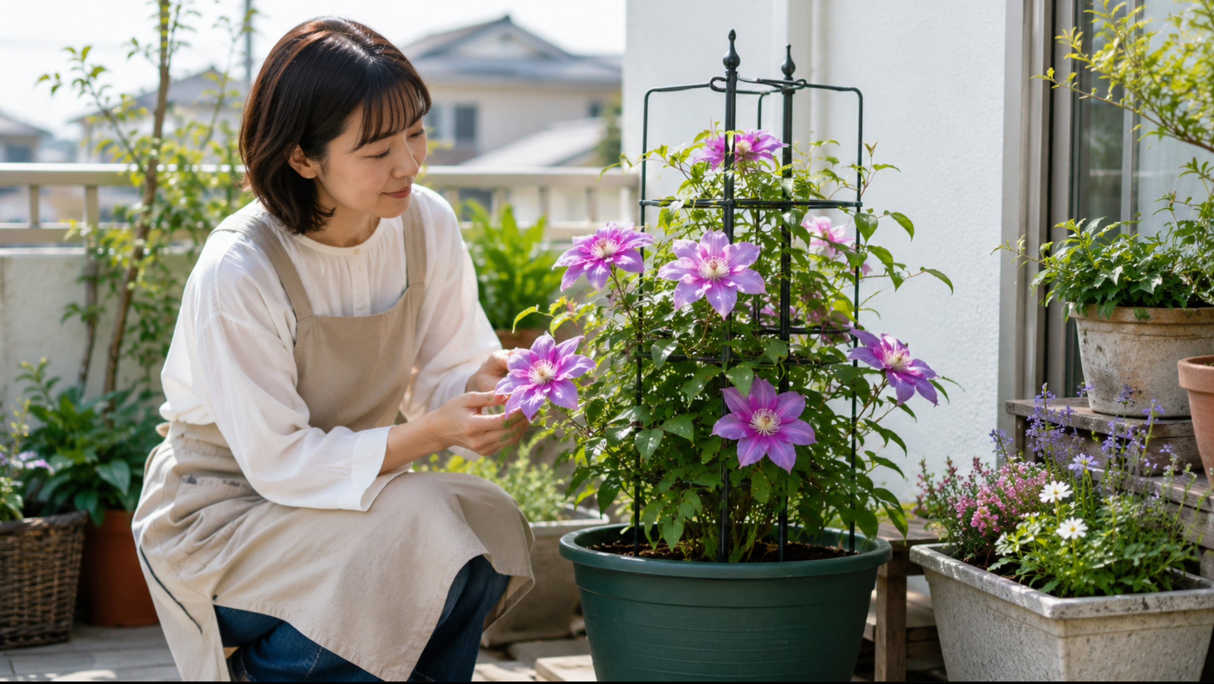 深鉢と支柱を使って鉢植えで育てるクレマチス