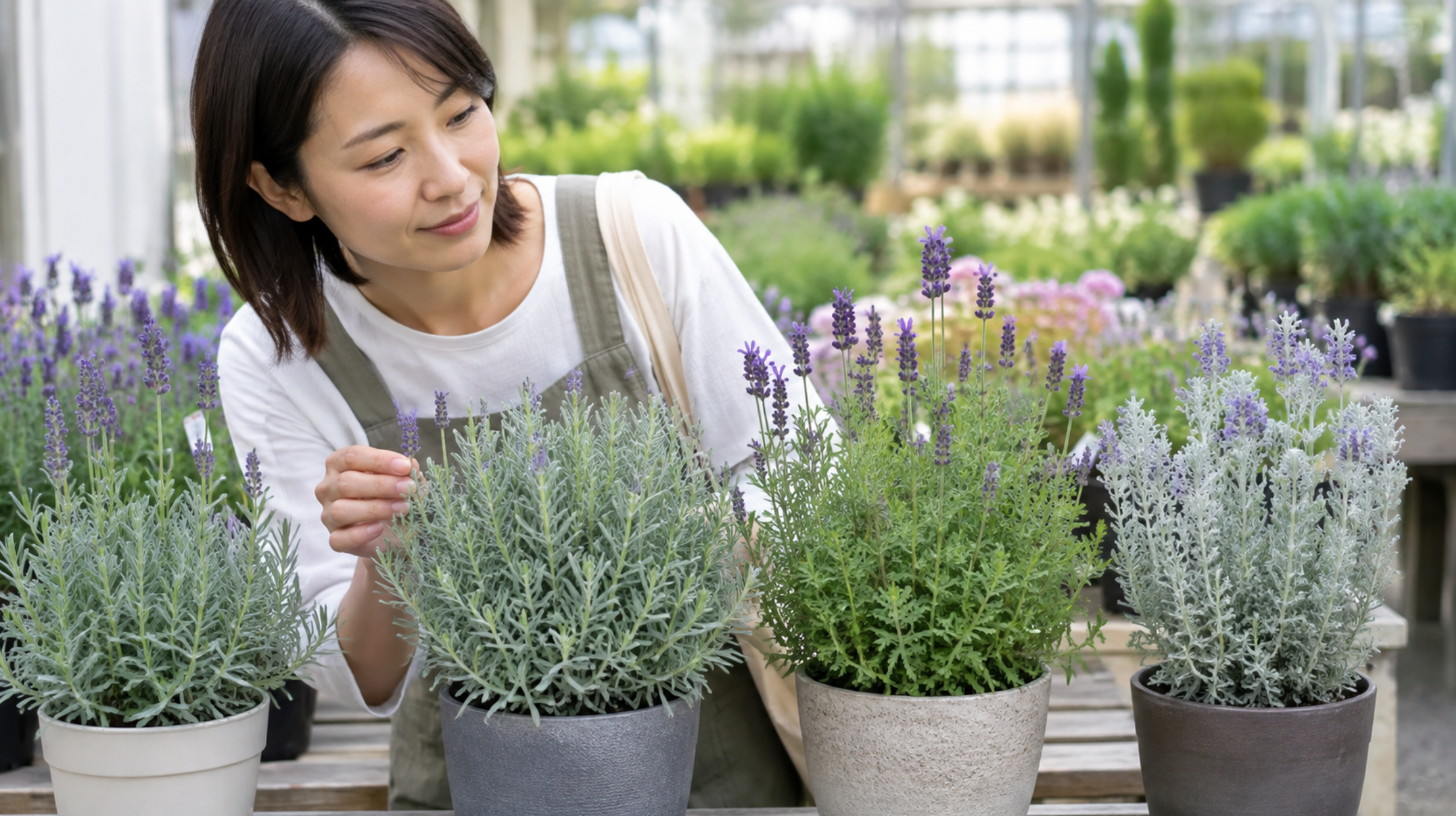 園芸店で葉の形が異なるラベンダーの種類を見比べる様子
