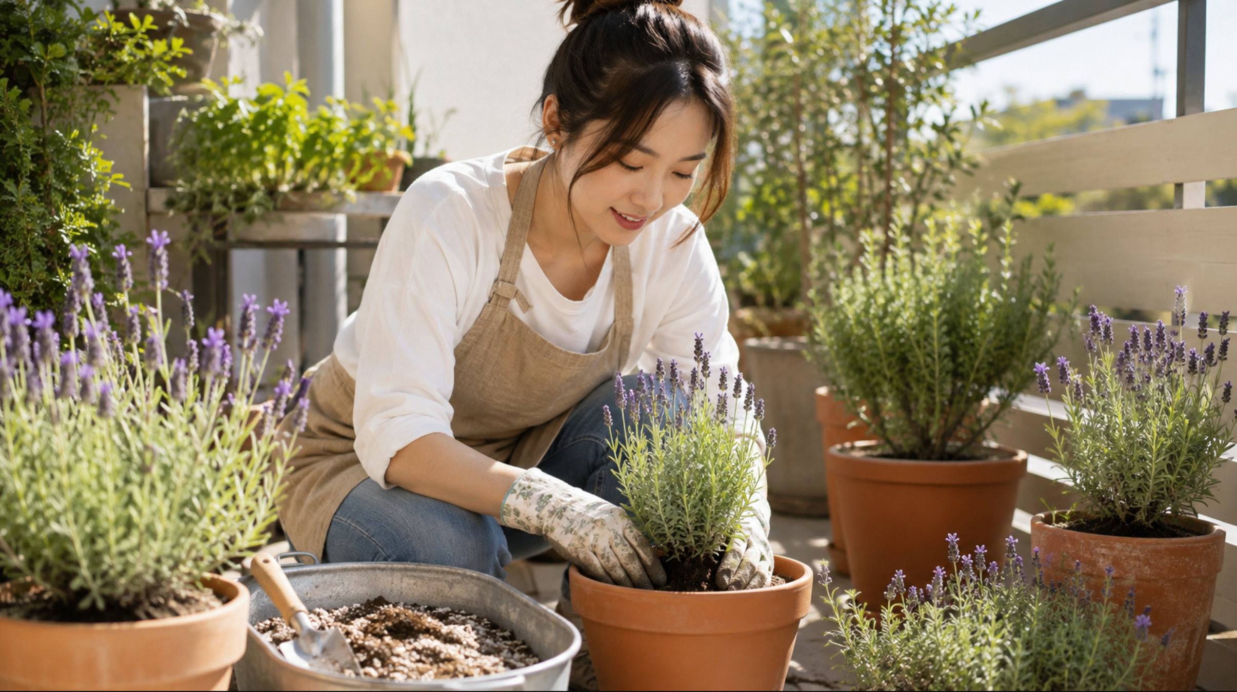 日当たりのよい場所でラベンダーを鉢植えにするガーデニングの様子