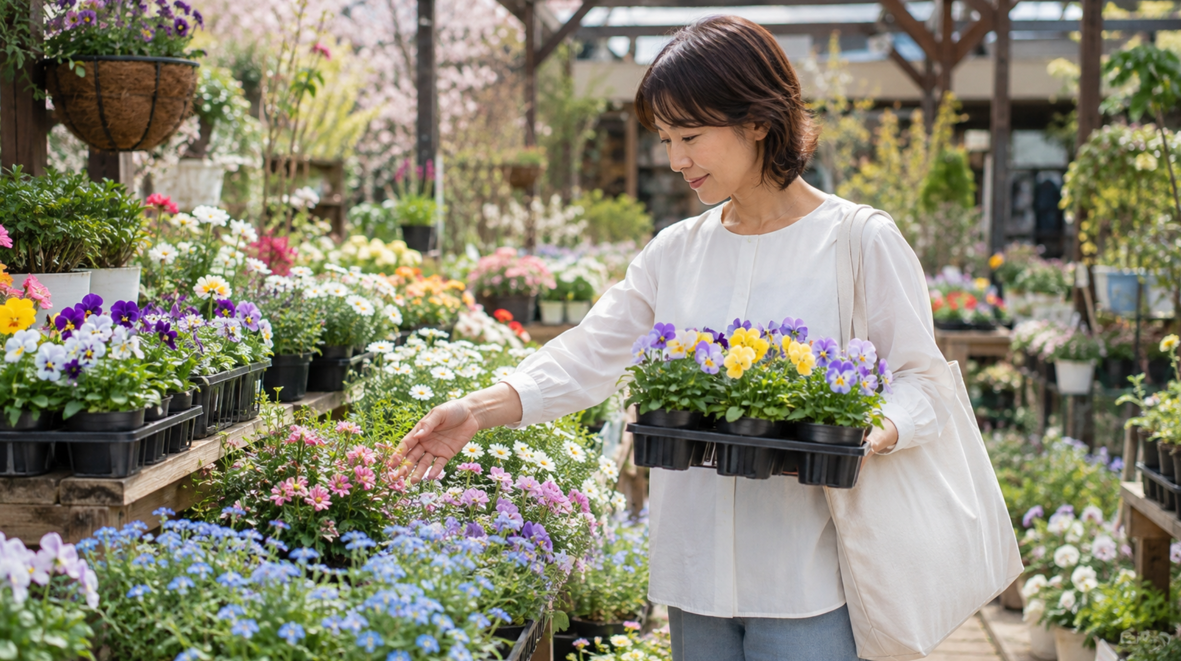 春の園芸店でパンジーやビオラなどの花苗を選ぶ日本人女性