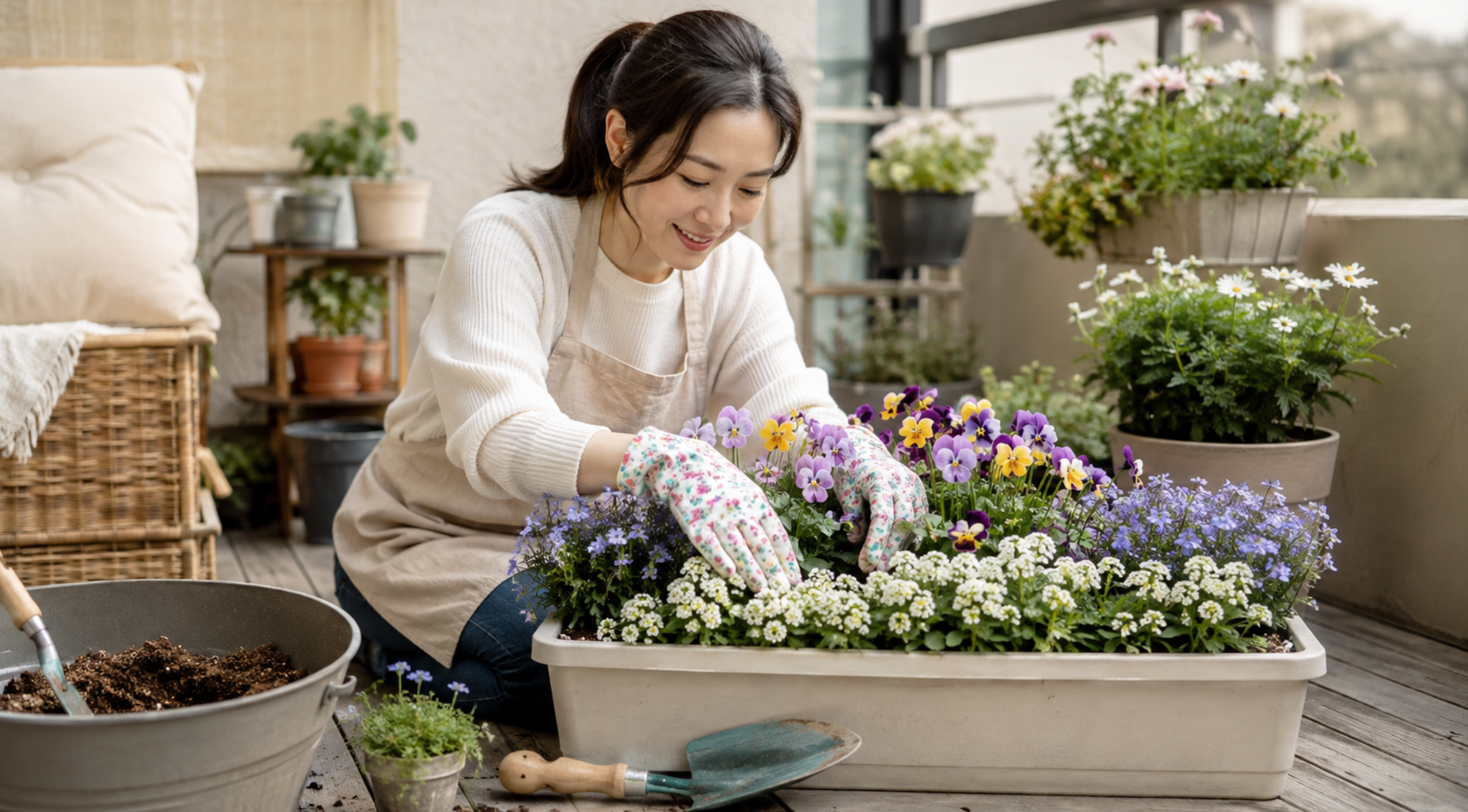 ベランダのプランターにパンジーやアリッサムを寄せ植えする日本人女性
