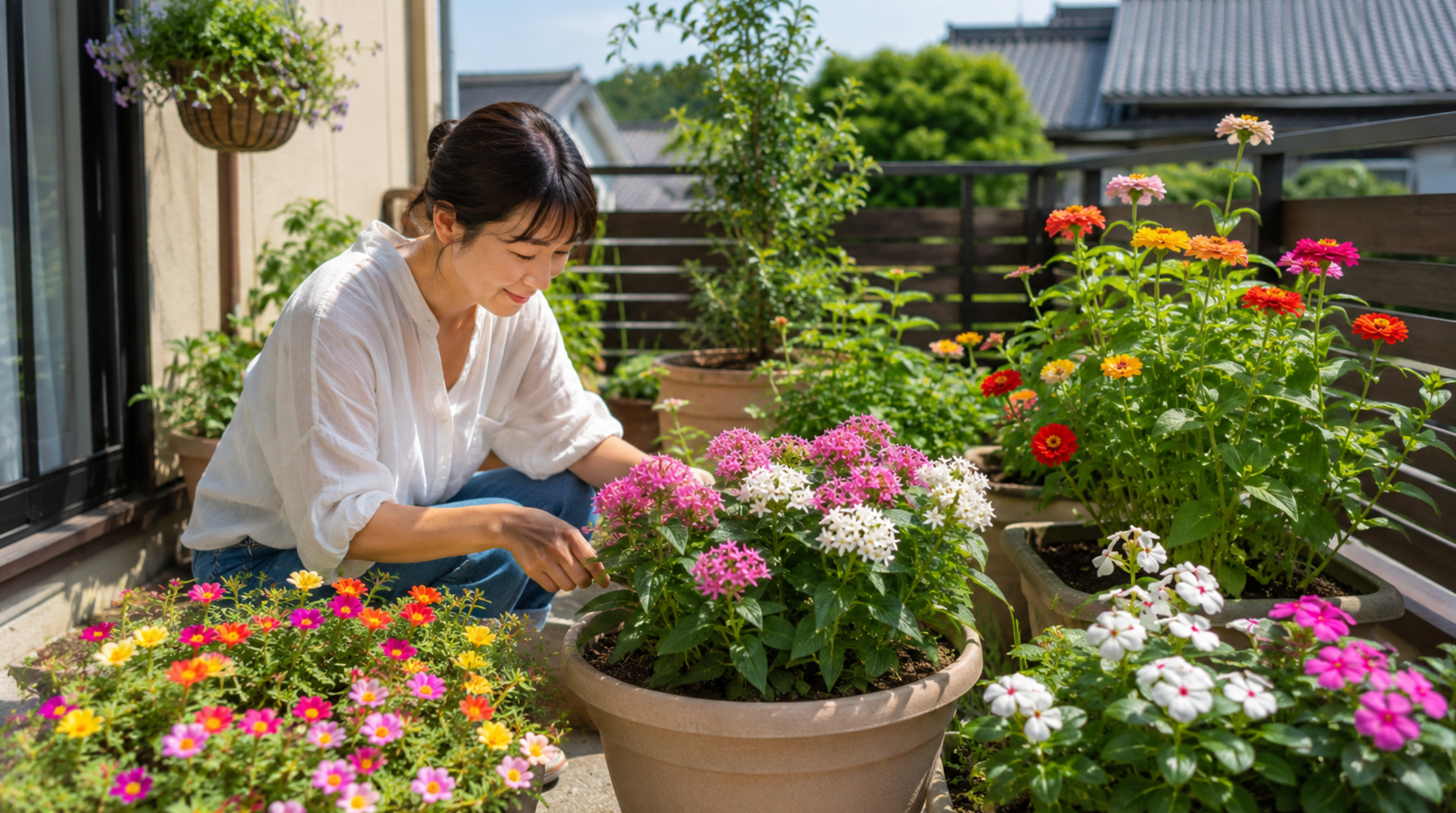 日当たりのよいベランダで夏の花を育てる日本人女性