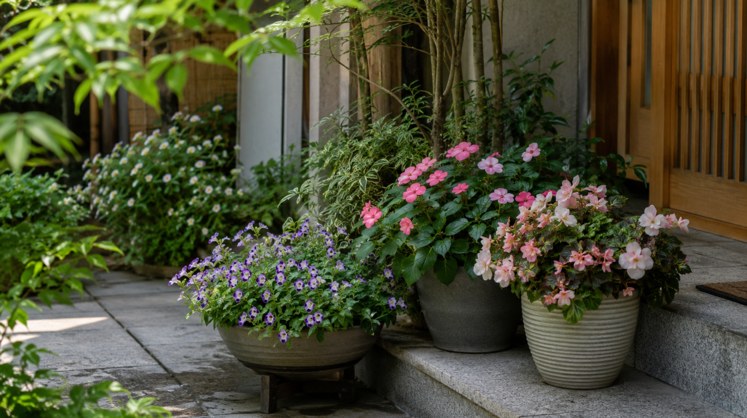 半日陰の玄関先で育つトレニアやインパチェンスなどの夏の花