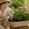 夏の朝にプランターの花の株元へ水やりする日本人女性