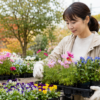秋の園芸店でコスモスやリンドウなどの花苗を選ぶ女性
