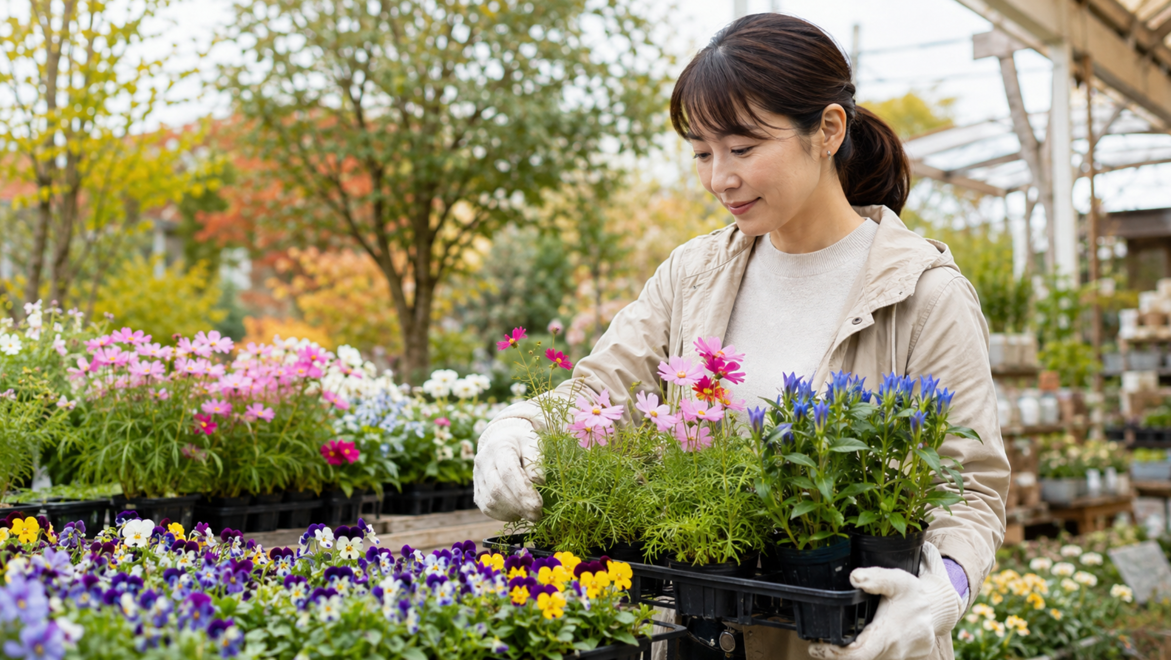 秋の園芸店でコスモスやリンドウなどの花苗を選ぶ女性