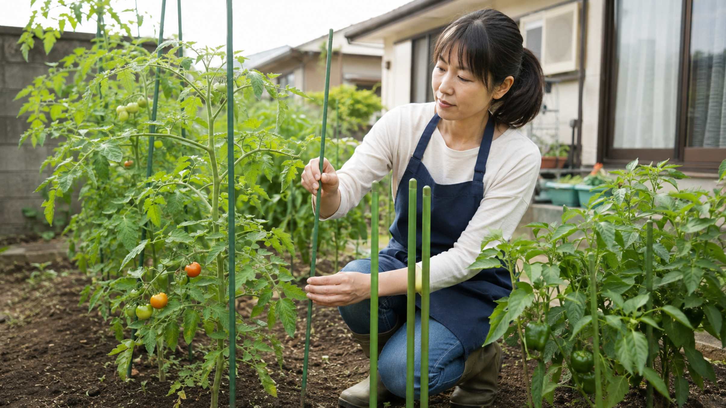 トマトやピーマンに合わせて園芸支柱の太さと長さを選ぶ家庭菜園