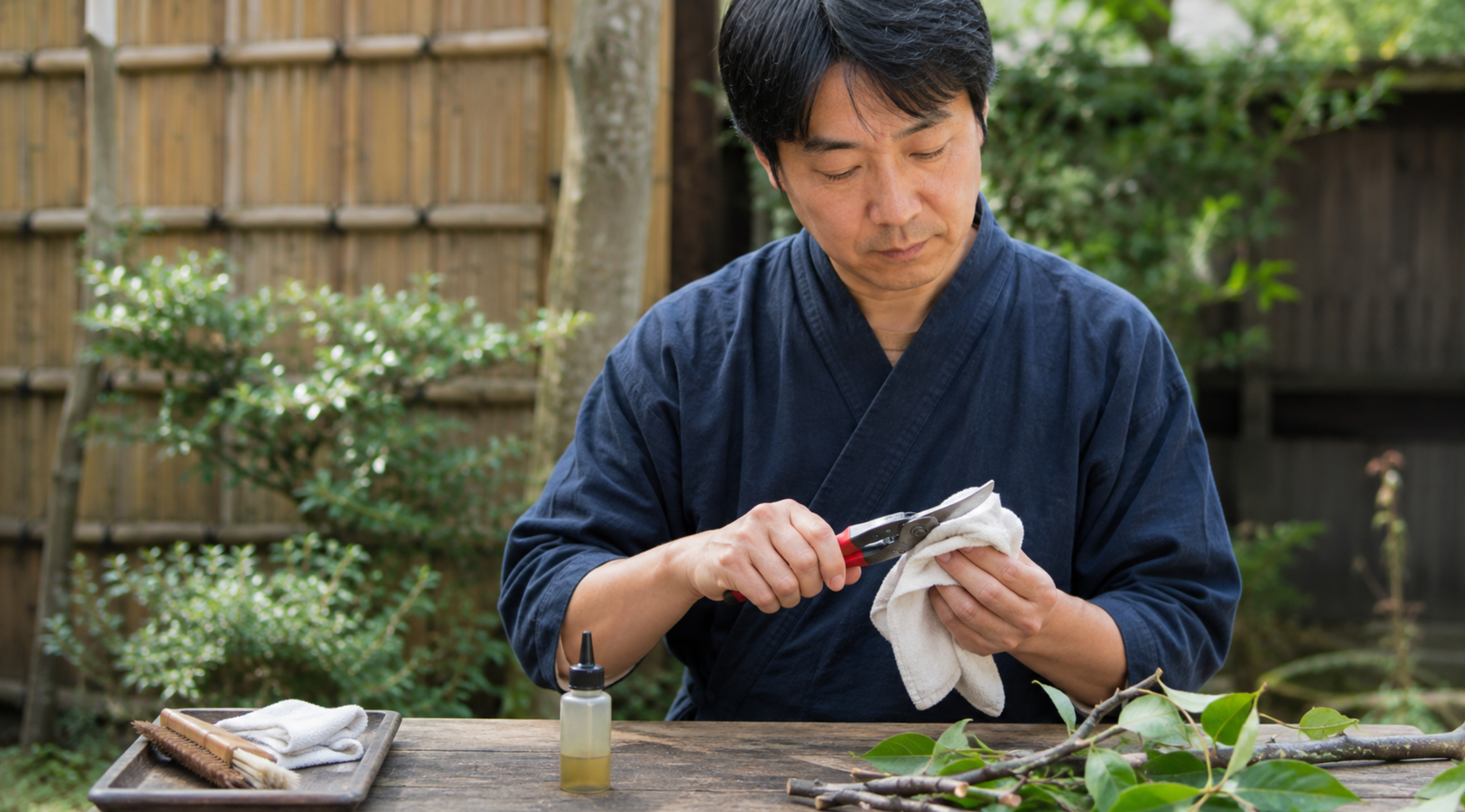 剪定後に布と油を使って剪定ばさみを手入れする日本人男性