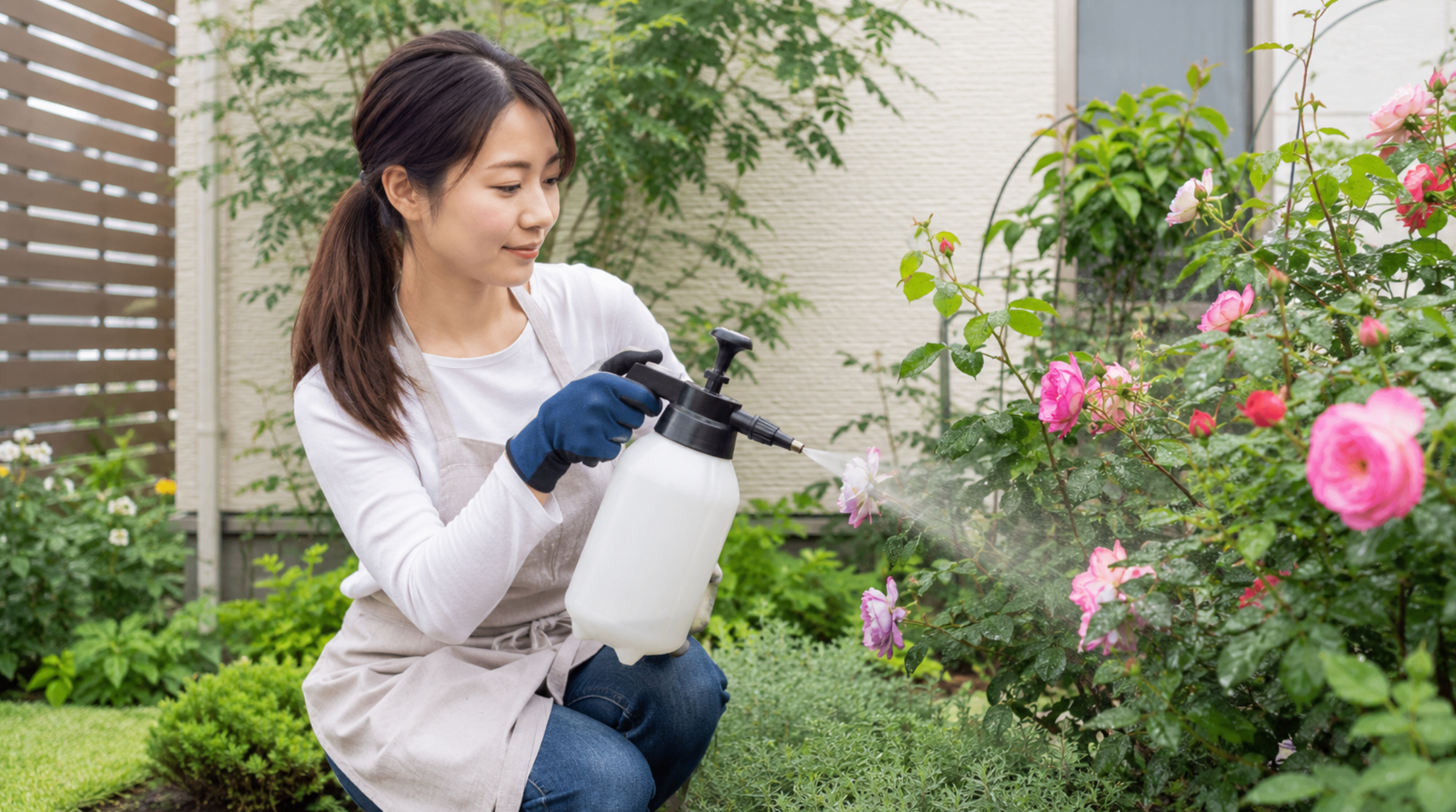 蓄圧式の園芸用噴霧器でバラに散布する日本人女性