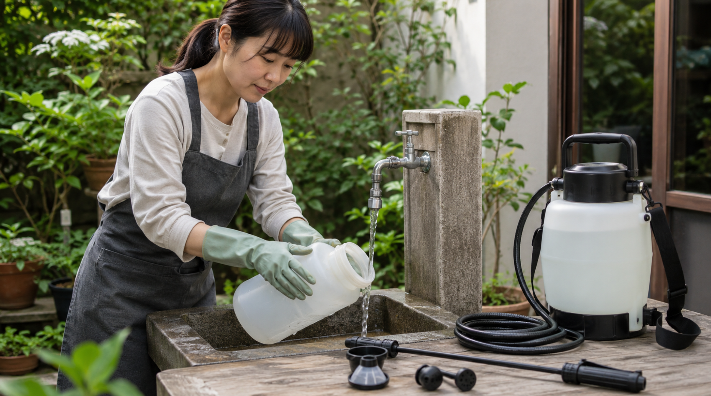 使用後の園芸用噴霧器のタンクとノズルを水洗いする様子