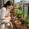 留守中の鉢植えの水やりを心配する日本人女性とベランダの植物