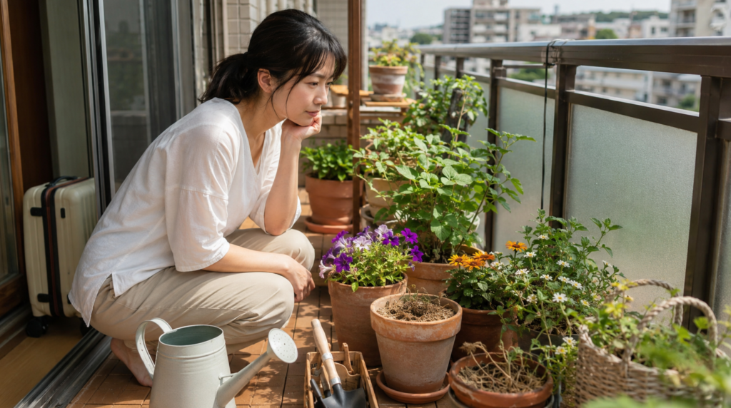 留守中の鉢植えの水やりを心配する日本人女性とベランダの植物