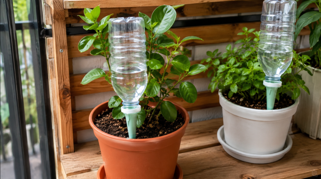 ペットボトルを逆さに挿して鉢植えへ自動給水する園芸用給水器
