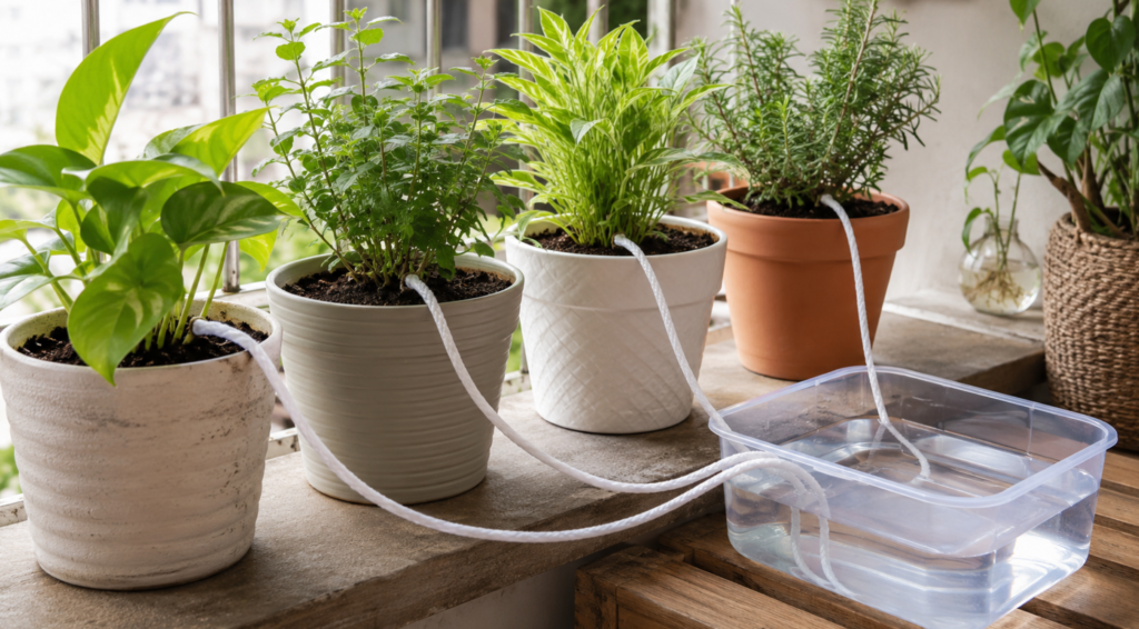 給水紐と水容器を使って複数の鉢植えに水を送る自動給水方法