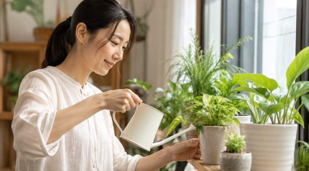 細口の小型ジョウロで室内の観葉植物の株元に水やりする日本人女性