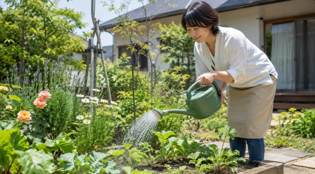 プラスチック製ジョウロで庭の花壇や野菜に水やりする日本人女性