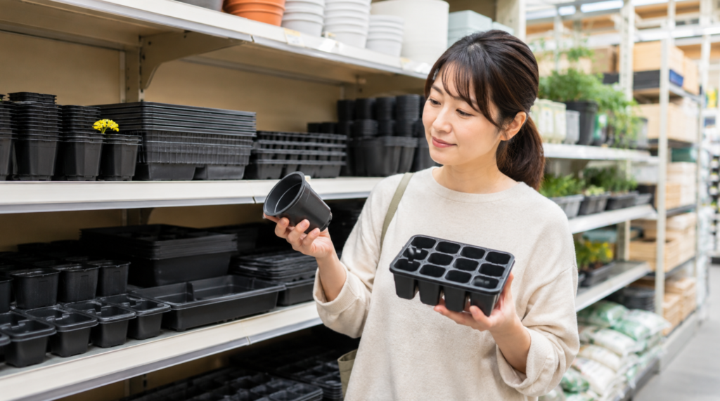 園芸店で育苗ポットと育苗トレーを比較して選ぶ女性