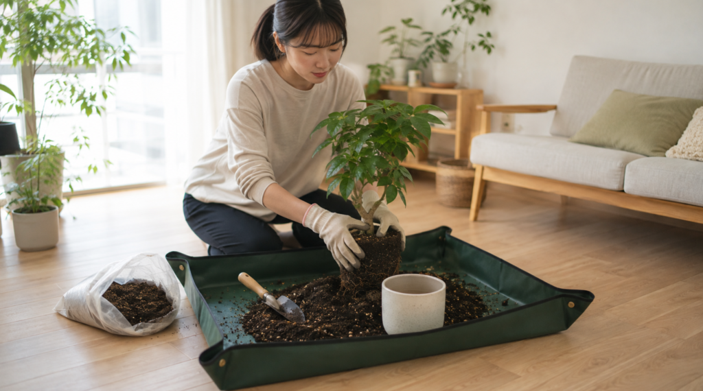 室内で植え替えシートを使い観葉植物を植え替える様子