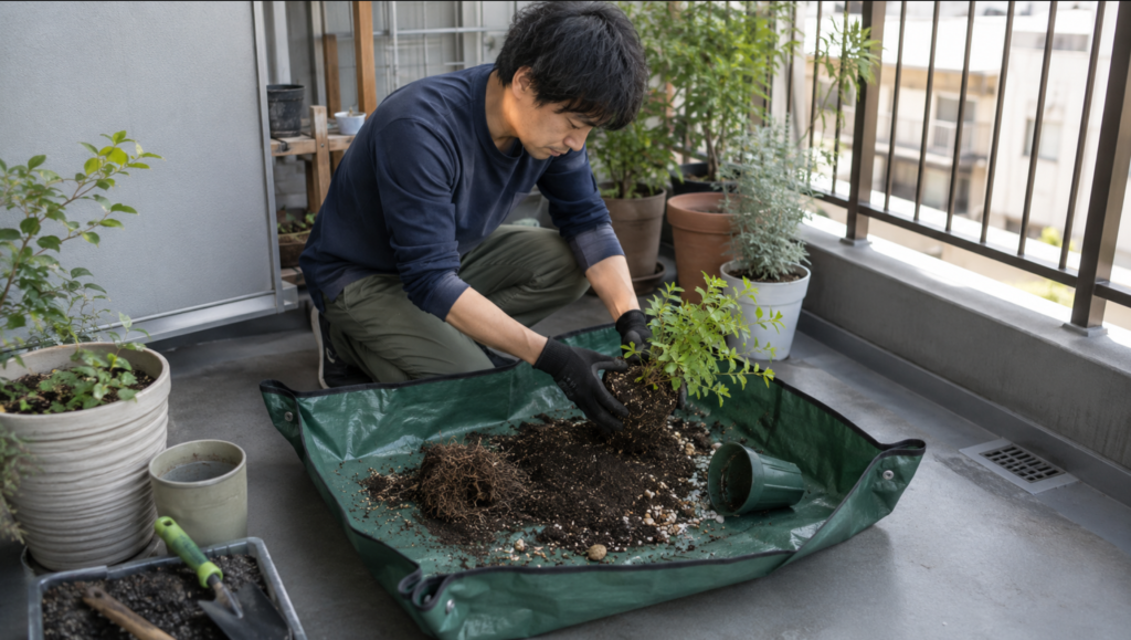 ベランダで植え替えシートを使い土を排水口へ流さず植え替える様子