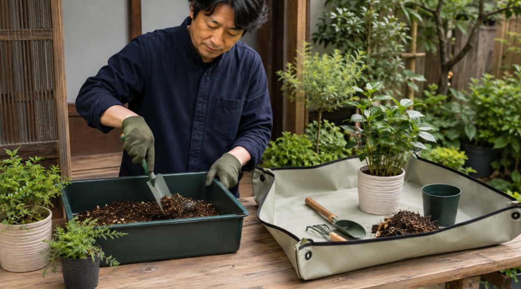 土混ぜ用ポッティングトレーと植え替えシートを使い分ける園芸作業