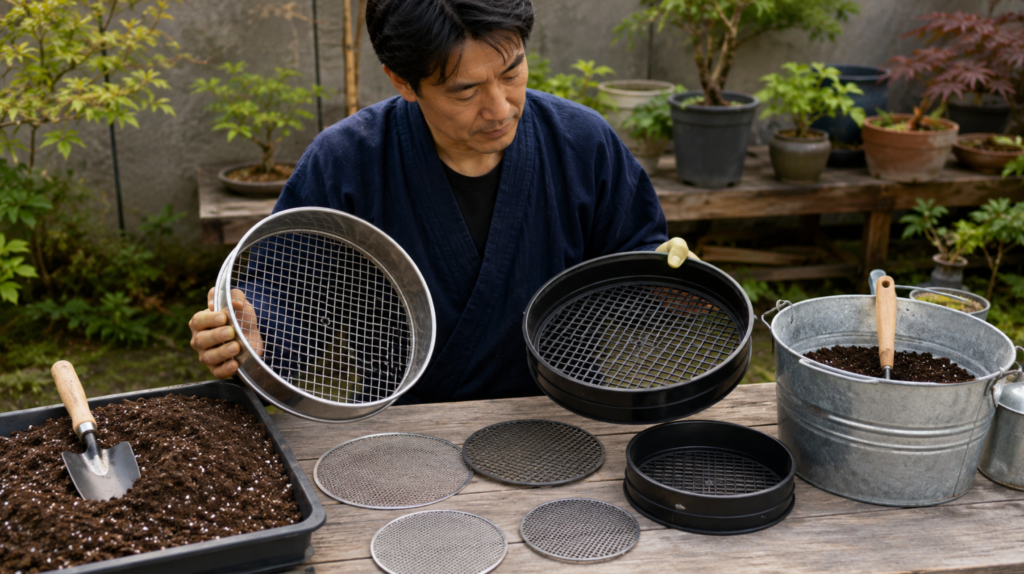 金属製や樹脂製の園芸用土ふるいと替え網を比較する様子