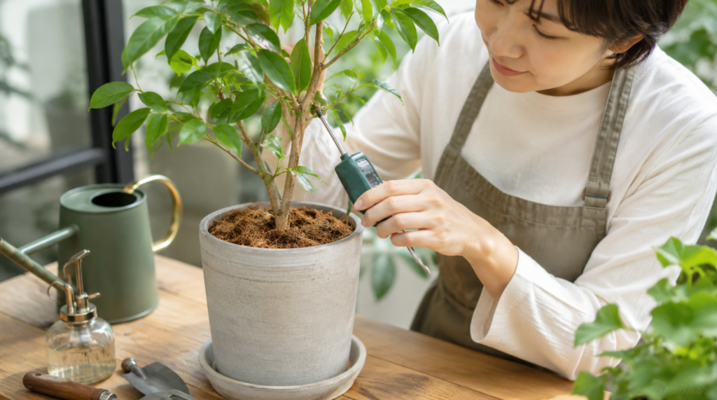 鉢植えの根元に園芸用水分計を差して土の水分状態を確認する日本人女性