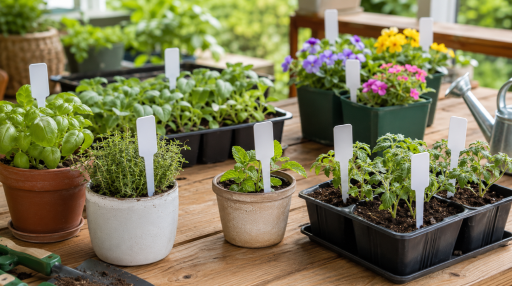 苗やハーブの鉢植えに白い園芸ラベルを挿して管理する様子
