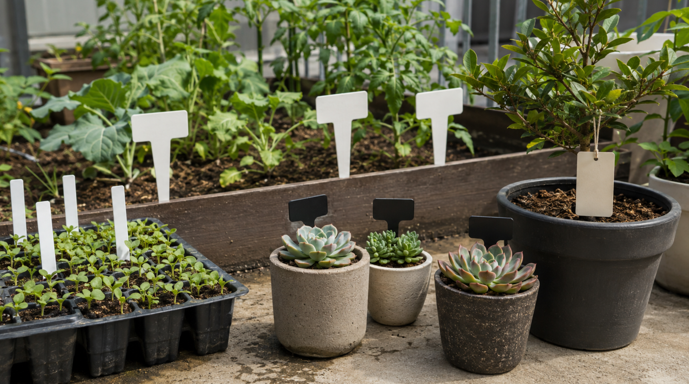 育苗トレーや多肉植物、家庭菜園、鉢植えで園芸ラベルを使い分ける例