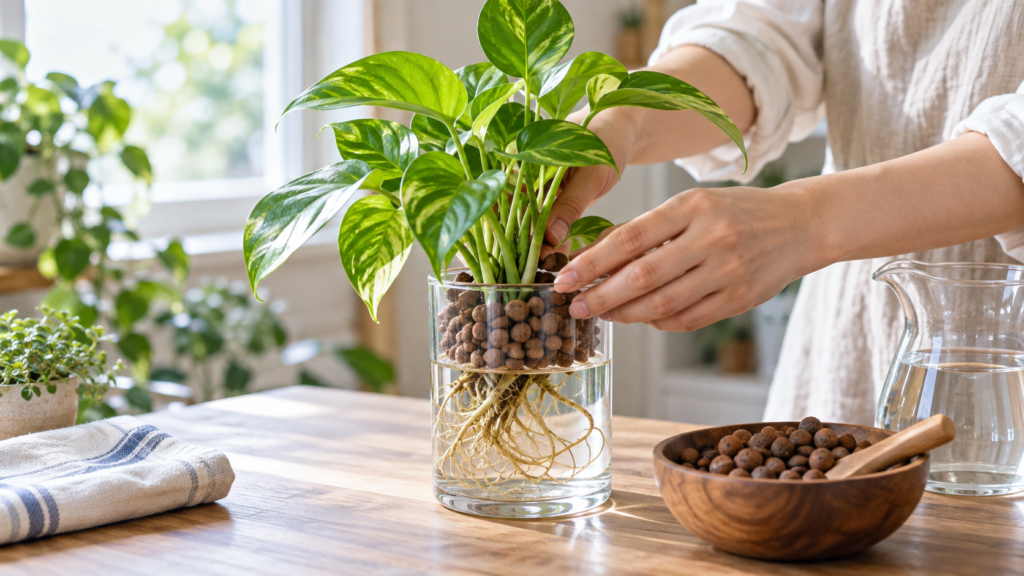 透明容器のポトスをハイドロボールで植え替えて水栽培を管理する様子