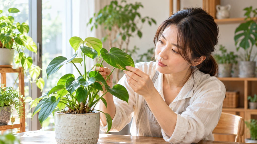 名前がわからない観葉植物の葉や茎を観察する女性