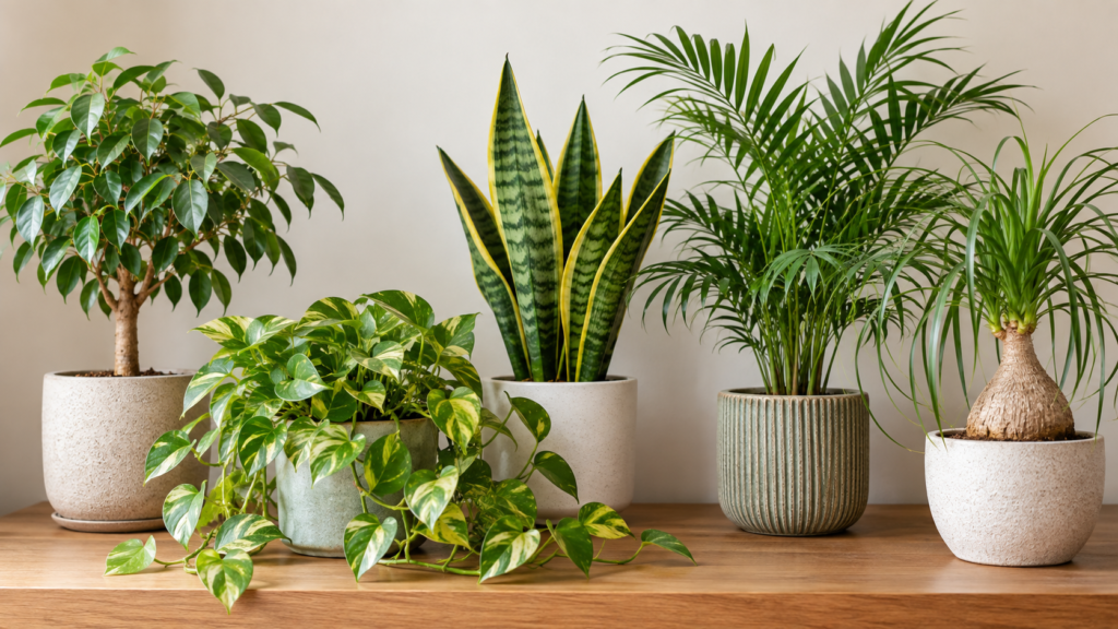 木立ちやつる性など樹形の異なる観葉植物の比較