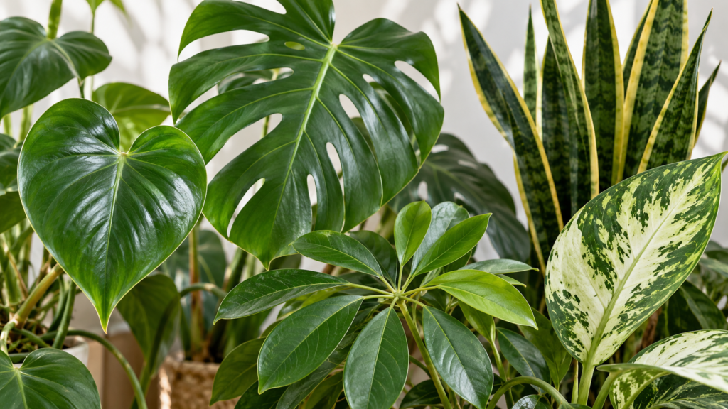 観葉植物のハート形や切れ込み葉など葉の形を比較した様子