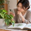 スマートフォンと植物図鑑で観葉植物の名前を調べる女性