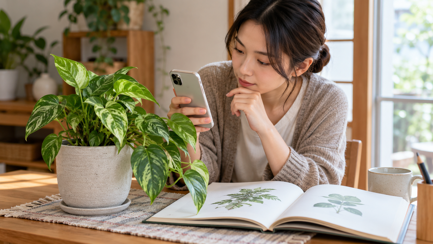 スマートフォンと植物図鑑で観葉植物の名前を調べる女性