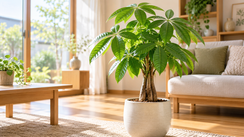 明るい室内で育てる健康な観葉植物パキラ