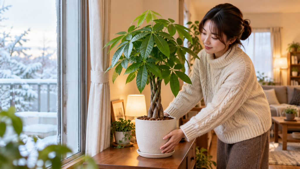 冬の冷たい窓際から離して室内でパキラを管理する様子