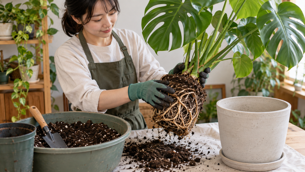 植え替えで鉢から抜いたモンステラの根鉢を確認する様子