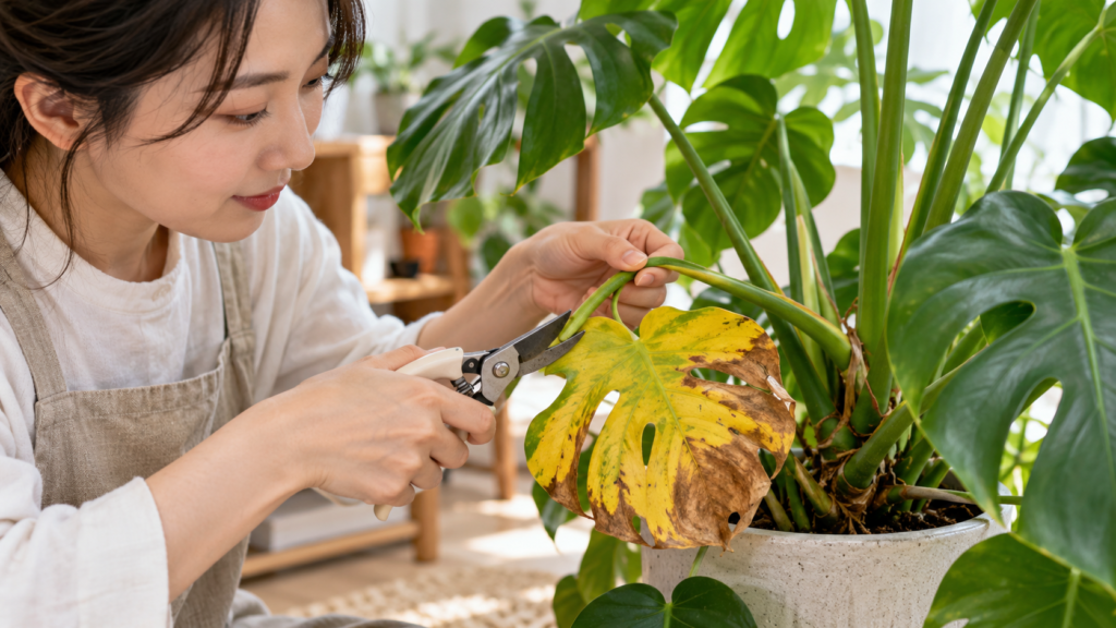 黄色く枯れたモンステラの葉を葉柄から剪定する様子