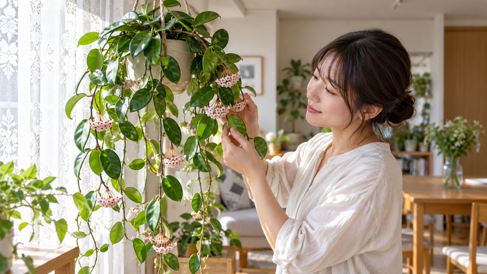 明るい窓辺で花を咲かせるホヤを室内で育てる様子