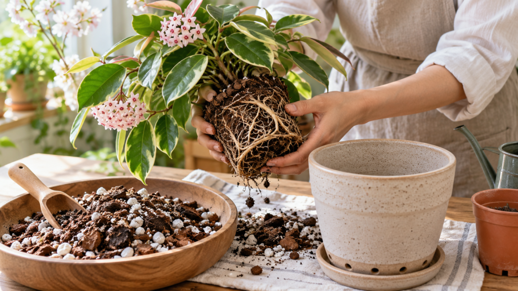 ホヤの根鉢を確認して通気性のよい土へ植え替える様子