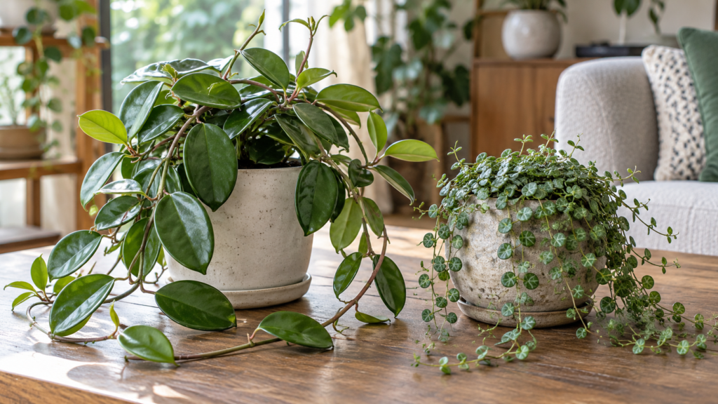 葉の大きさやつるの姿が異なる2種類のホヤを並べた鉢植え