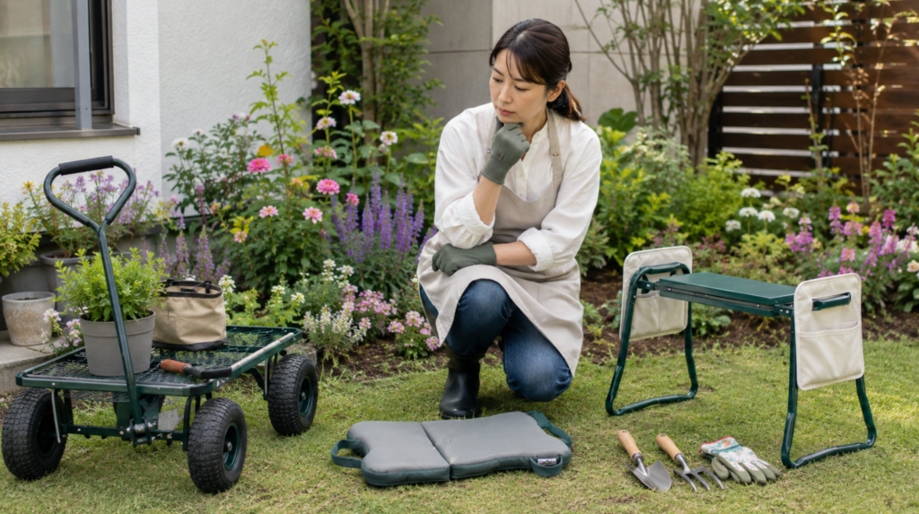 園芸用フィールドカートとニーパッド、ガーデンニーラーを比較する女性
