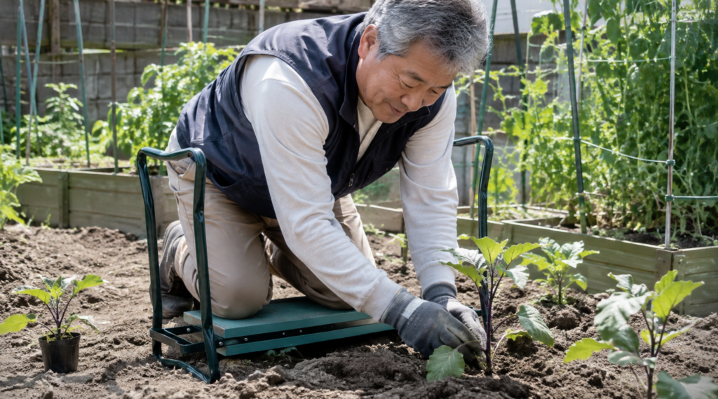 ガーデンニーラーに膝を置いて野菜苗を手入れする日本人男性