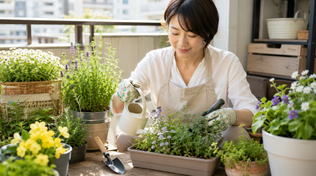 ベランダガーデニングで小型ジョウロや園芸用品を使う日本人女性