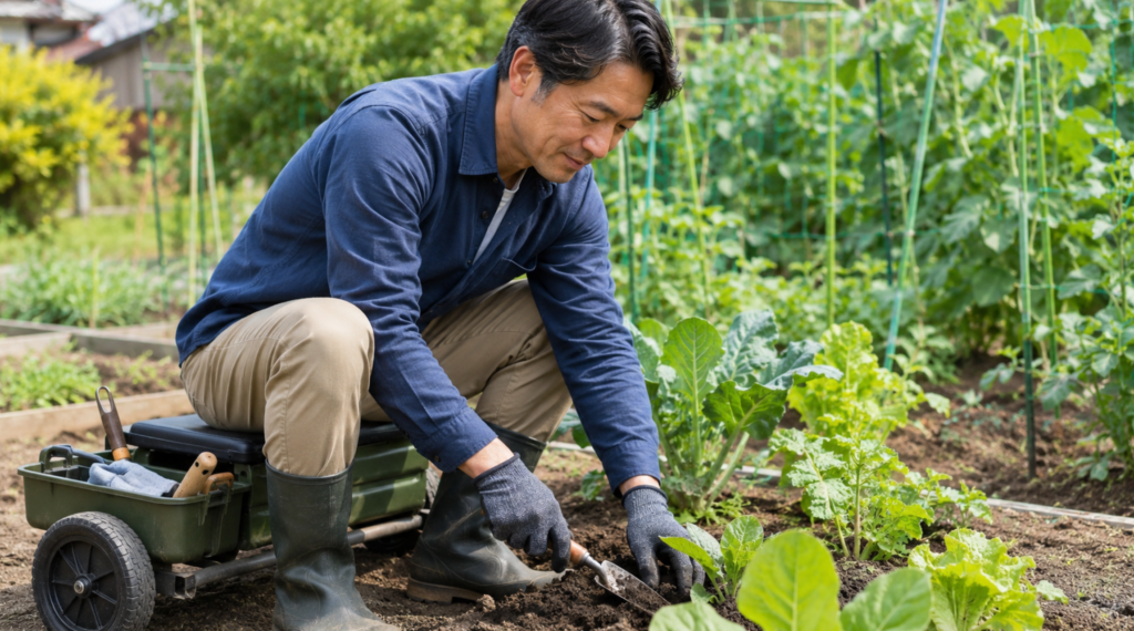 家庭菜園で園芸用カートと手袋を使って野菜を手入れする日本人男性