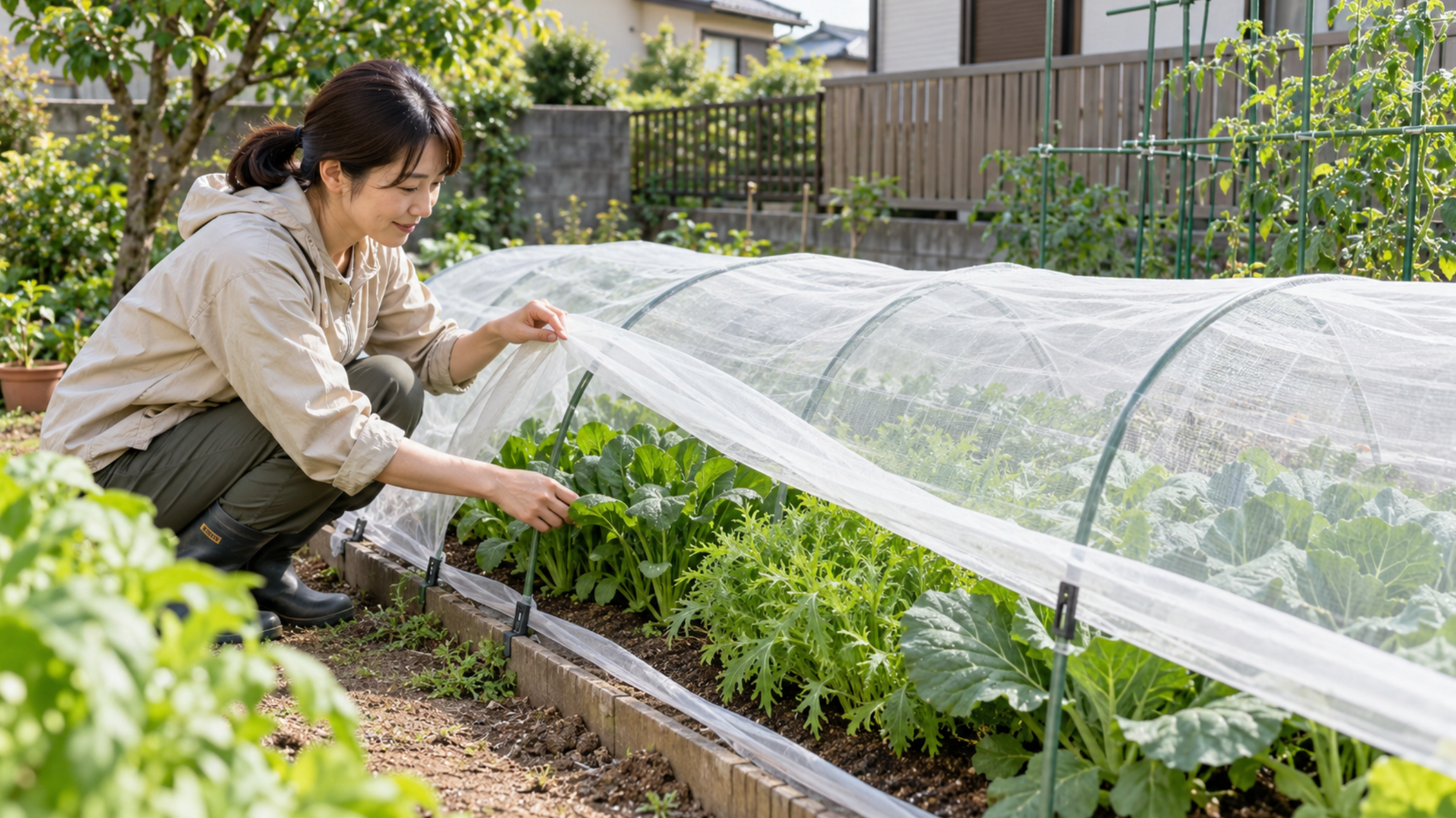 家庭菜園の葉物野菜を防虫ネットで覆い管理する様子